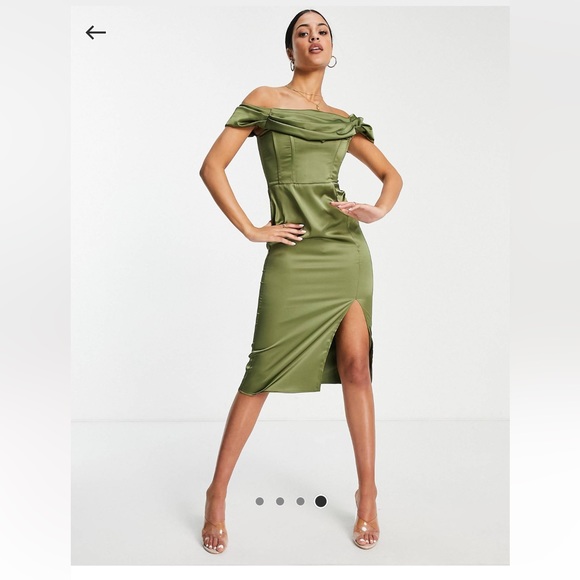 First Distraction the label Tall satin midi dress with split in olive. Size UK 8 - Picture 3 of 3